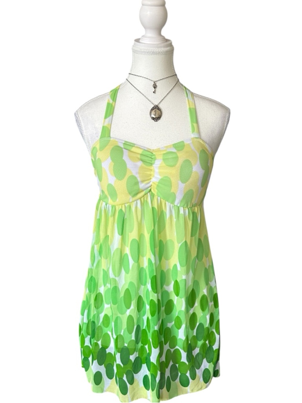 Y2K Style Green and Yellow Polka Dot Mesh Swim Dress
